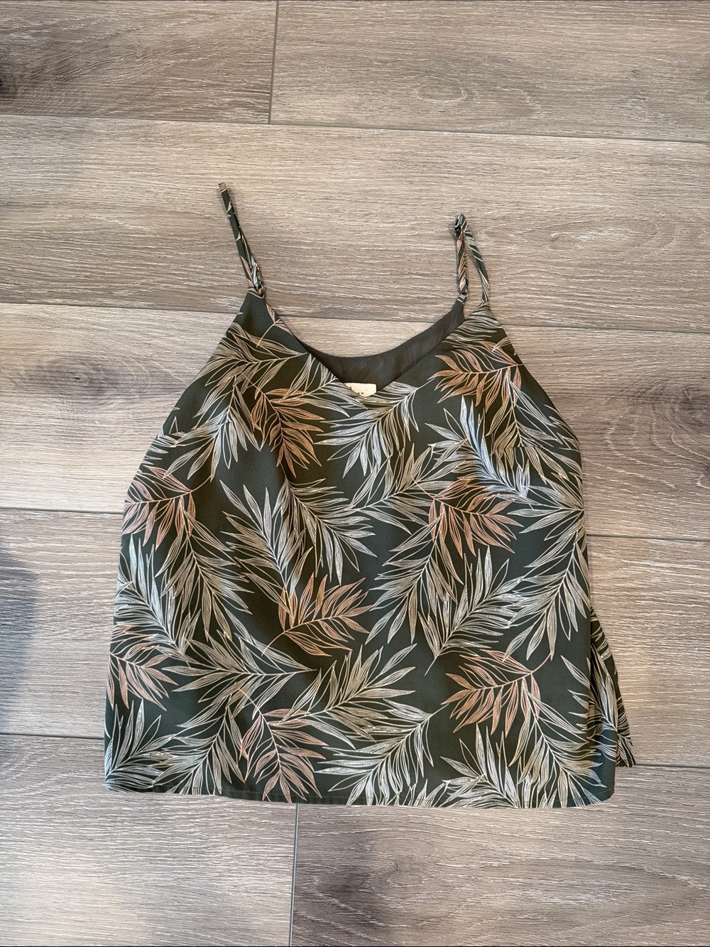 a new day Olive Green Leaf Print Cami with Tan and Cream Accents